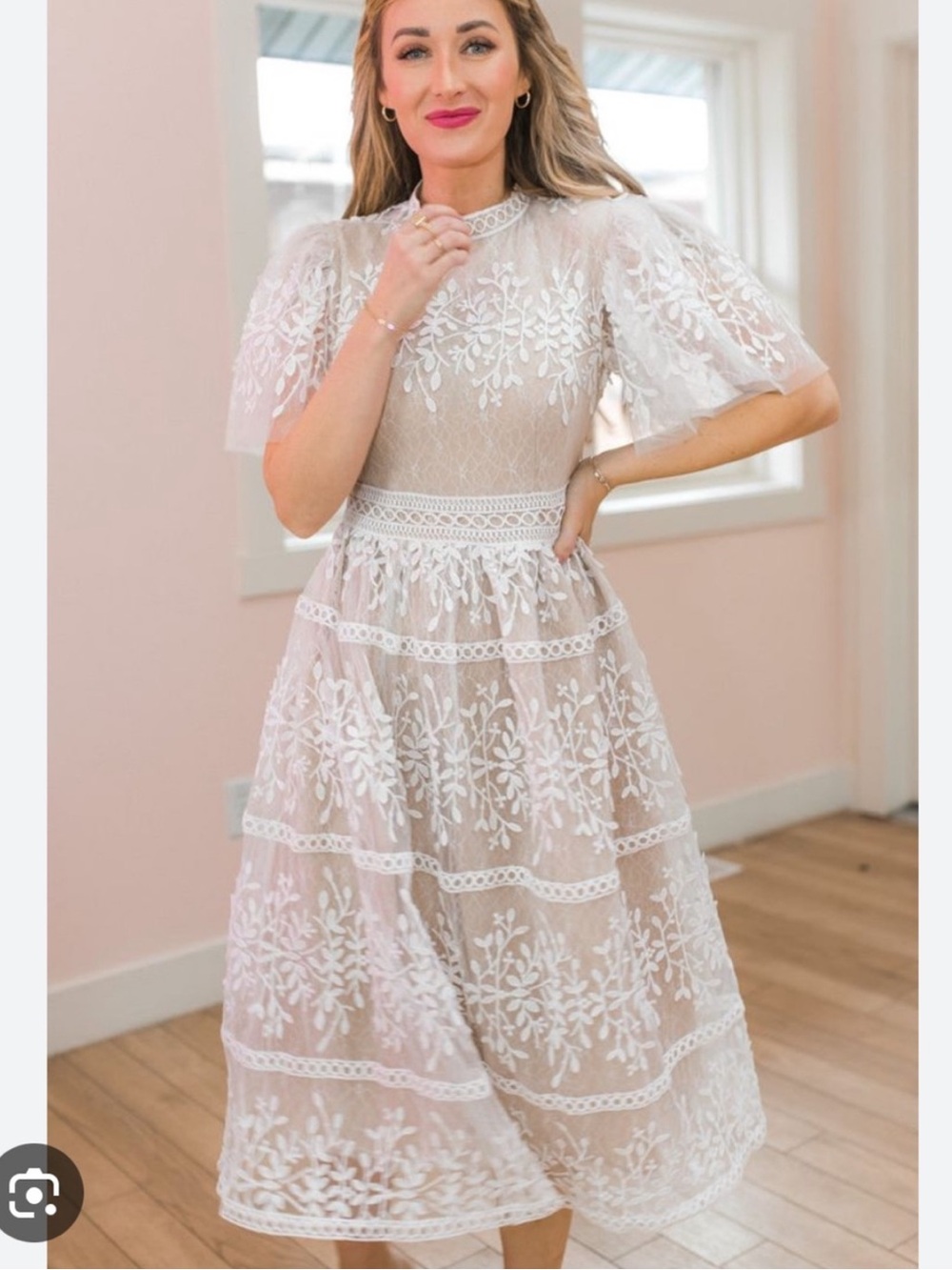 Ivy City Co Sicily Lace Short Flutter Sleeve Midi Dress in White